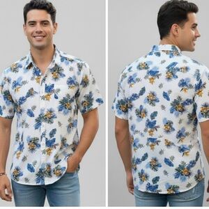 Men's Denim & Flower Ricky Singh Hawaiian Shirt  | 100% Cotton Size L Slim Fit